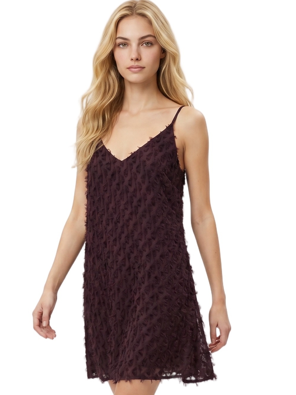 1. STATE Deep Plum Fringe-Texture Mini Slip Dress Sleeveless Size XL Pullover
